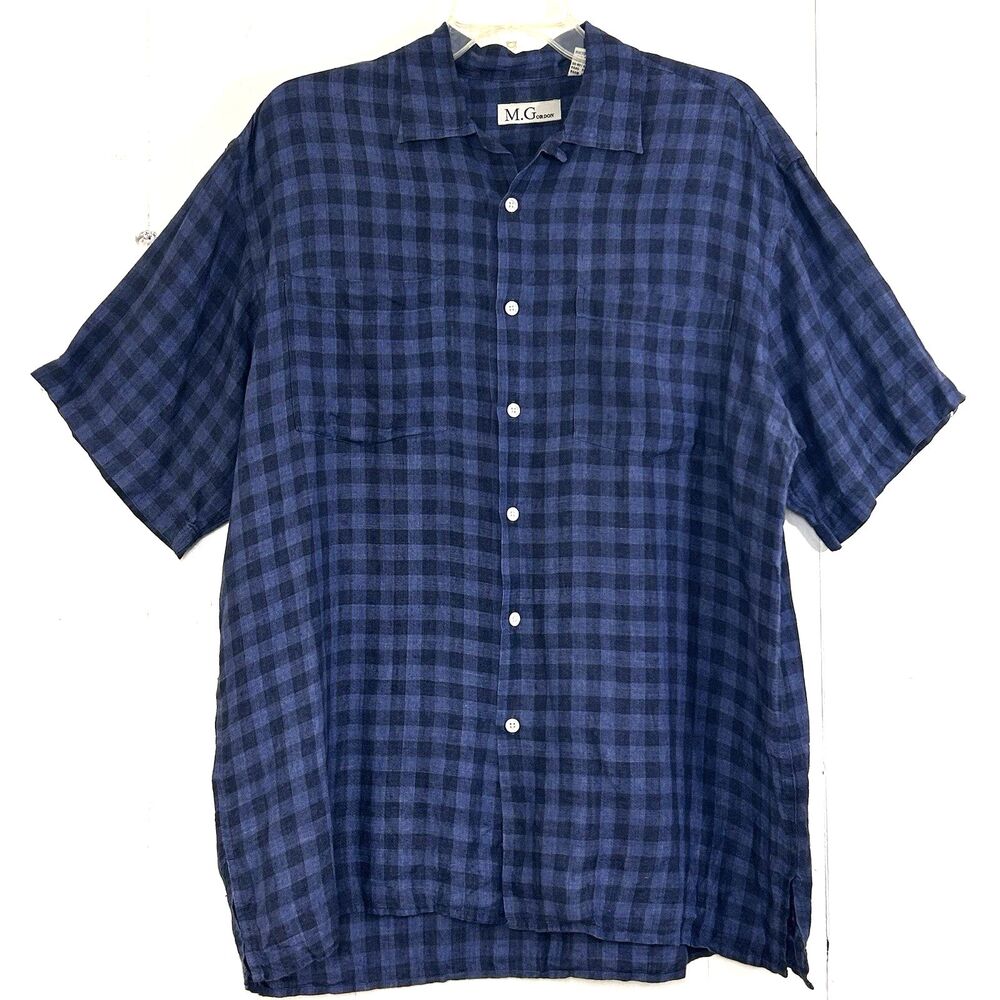M. Gordon Men's 100% Linen Shirt Size M Blue Plaid Short Sleeve Button Down Shir
